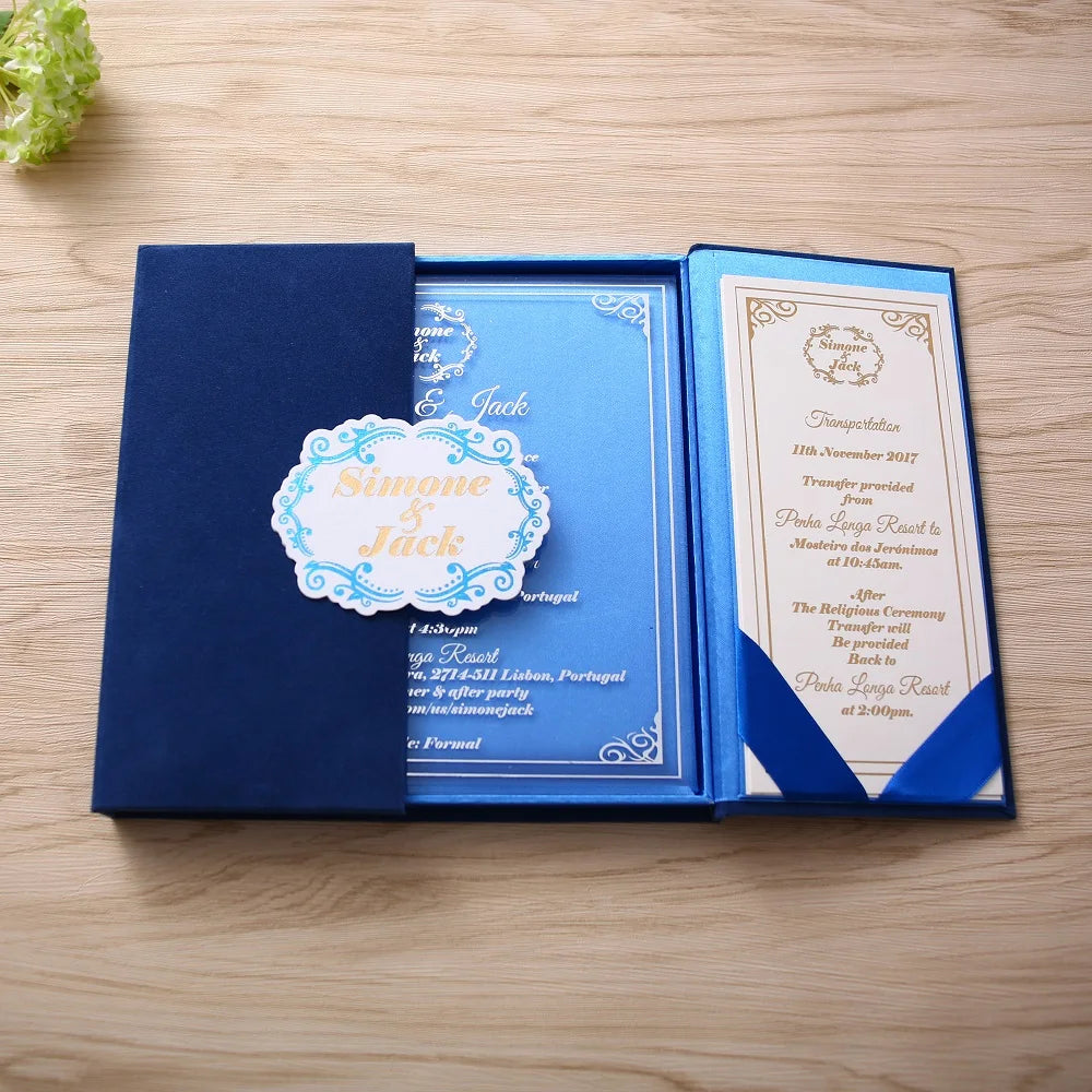 Custom Elegant Gatefold Satin Fabric Hardcover Box Acrylic Wedding Invitations Navy Blue Multiple Color Options