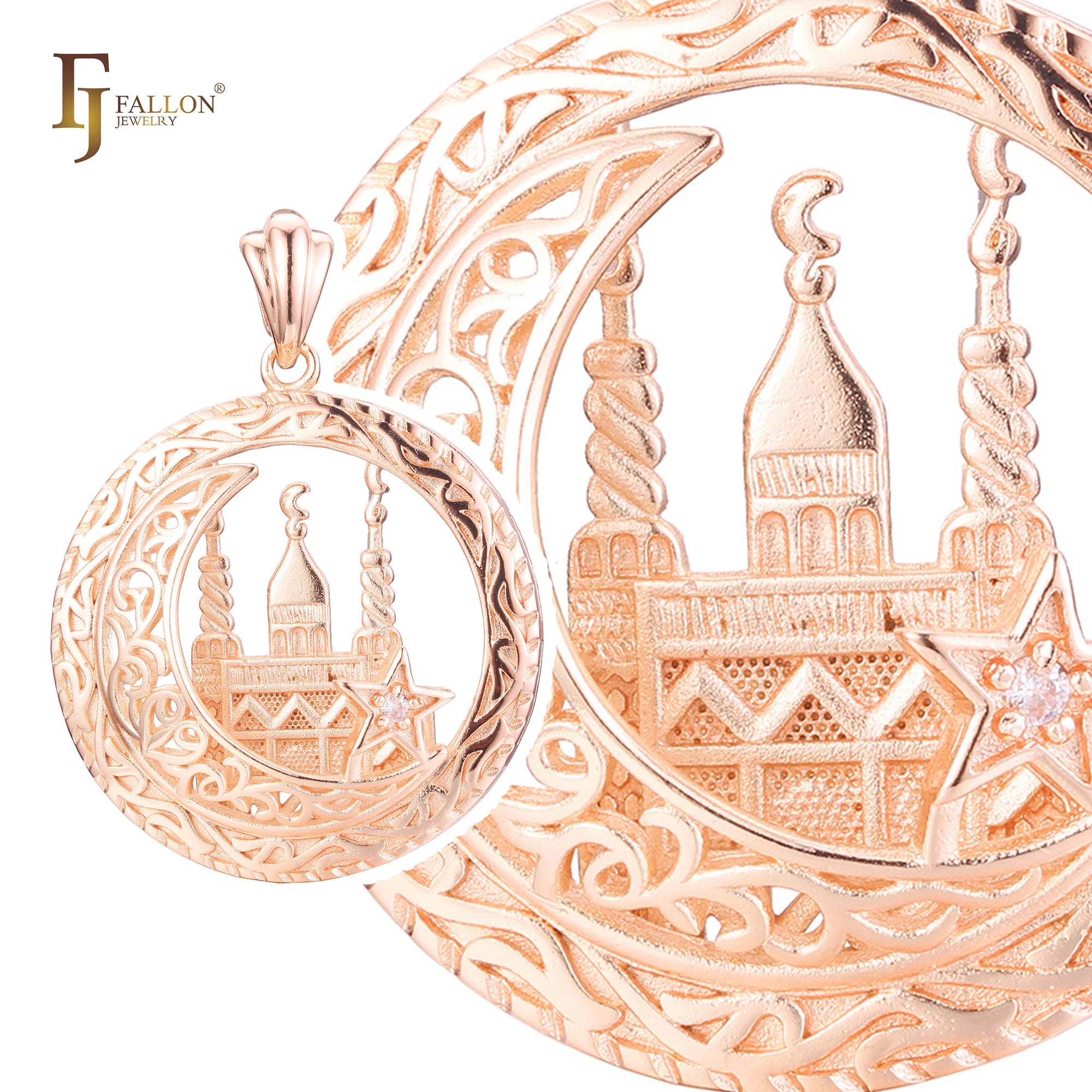 FJ Fallon Fashion Jewelry Islamic Temple Pendant Plated in Rose Gold Brass Based