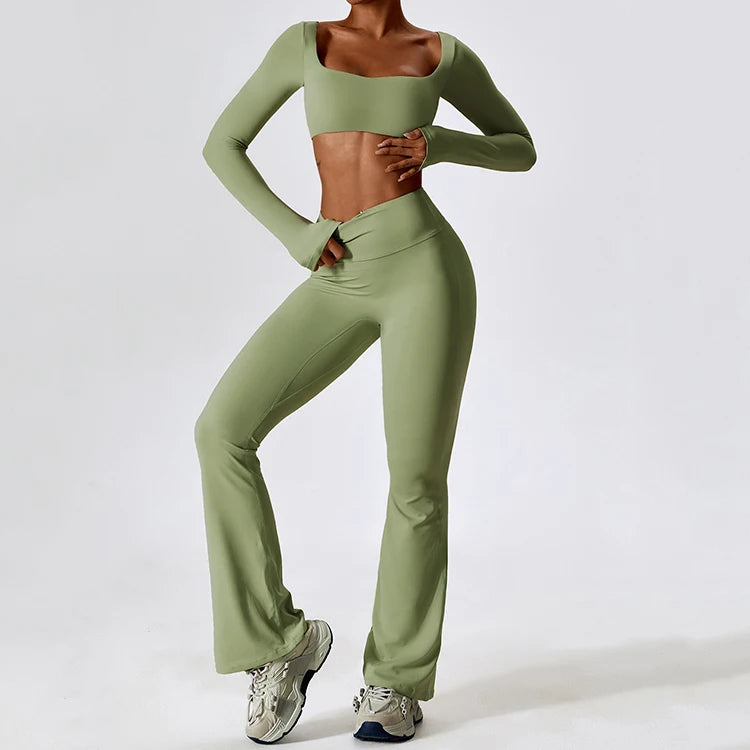 New Arrivals High Waisted Yoga Fitness Set Custom logo Women Gym Workout Flare Leggings Sets