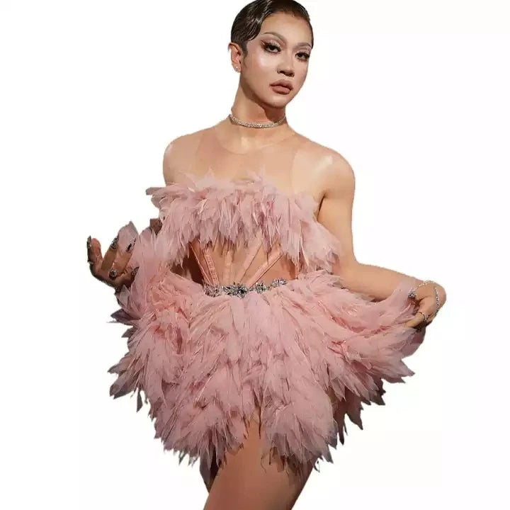 Luxury Sexy Sleeveless Pink Mesh Ruffles Tutu Princess Dress Stage Performance Costume Women Mini Club Party Short Prom Dress