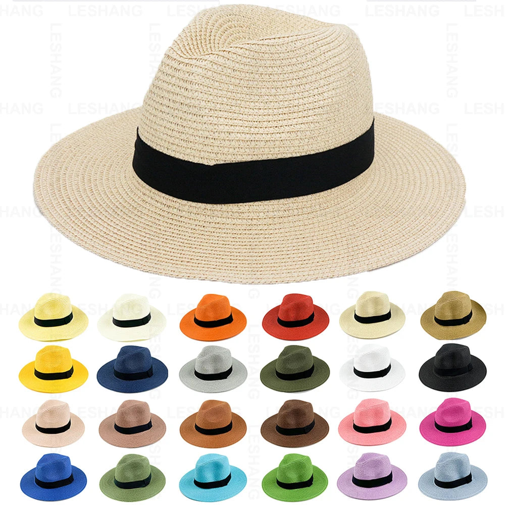 High Quality Summer square Buckle Sunscreen Cap Custom logo Foldable Large Eave Lafite Braid Floppy Fedora Panama Straw Hat