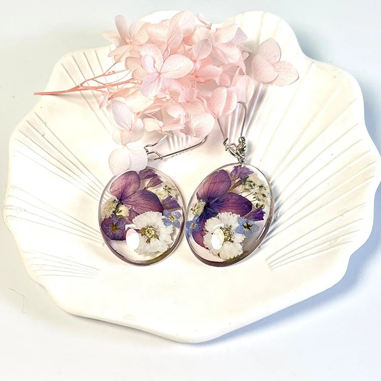 Preserved Real Flower Jewelry UV Resin Lavender Dried Flower Pendant Earrings for Women Wedding Valentines Day Memorial Keepsake