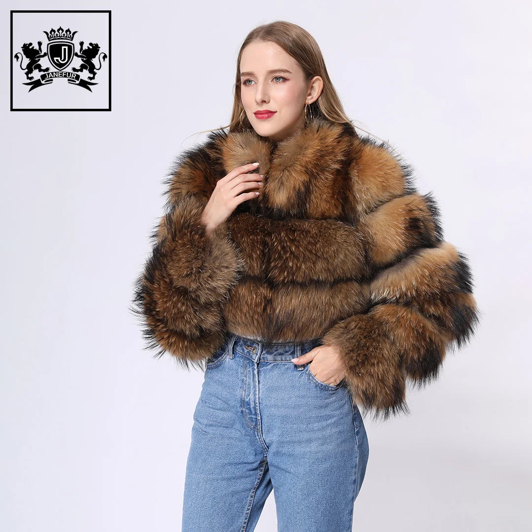 New Fashion Women Winter Natural Raccoon Fur Short Cropped Real Fur Jacket