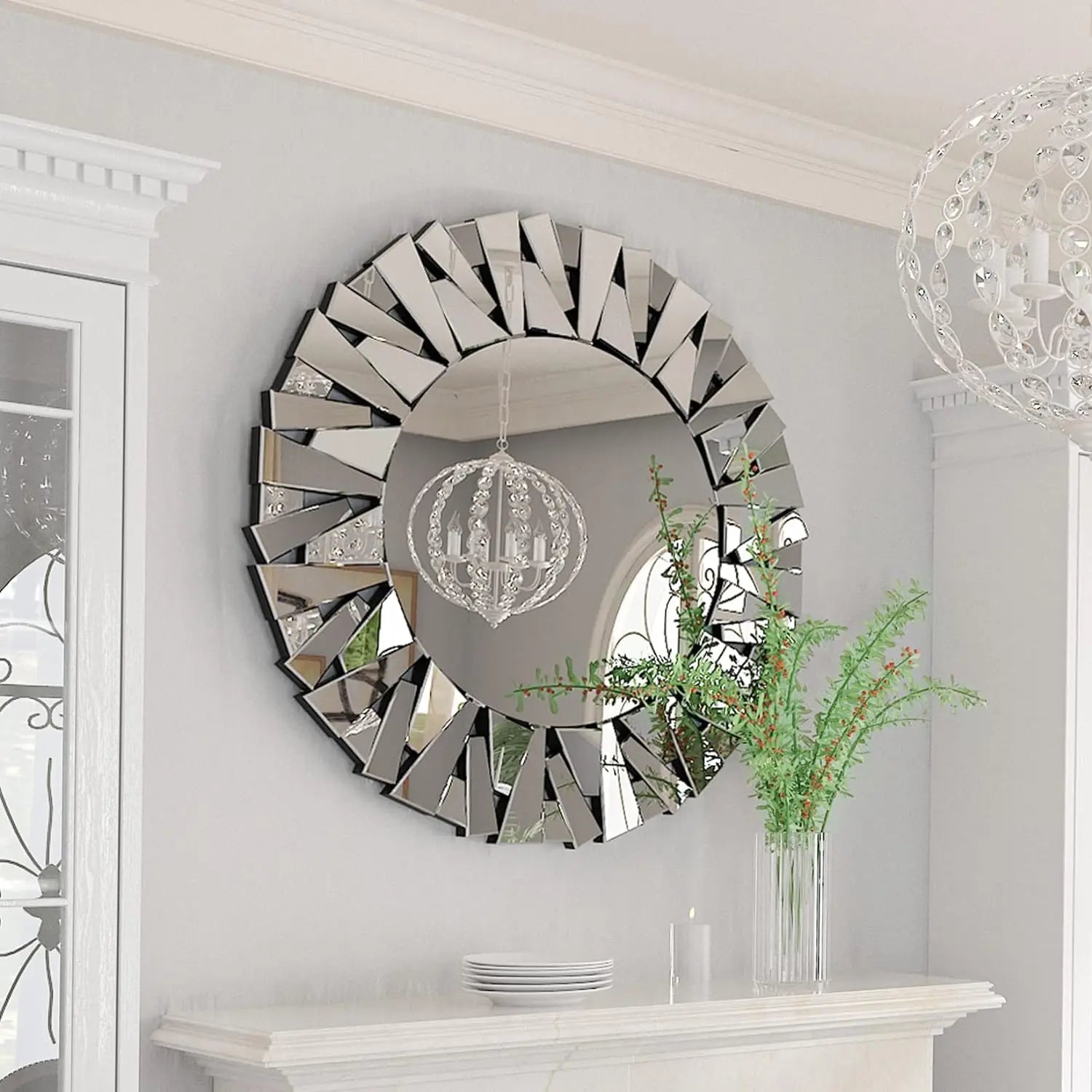 Large Silver Glass Round Interior Designed Mirror Wall Mounted Decorative Mirror for Corridor Wall