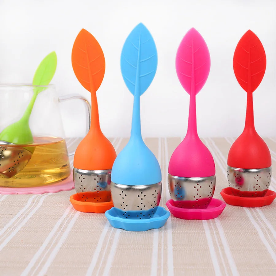Kitchen Silicone Loose Leaf Shape Handle Stainless Steel Tea Infuser Strainer Food Grade Silicone Handle Tea Strainers