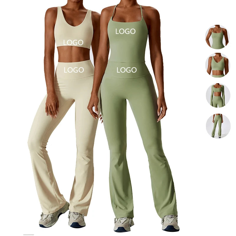 RUIQUWIN Custom Logo Yoga Gym Wear Women Apparel Long Sleeves Crop Top Scrunch Butt Pants Custom 4 Pieces Gym Yoga Sets