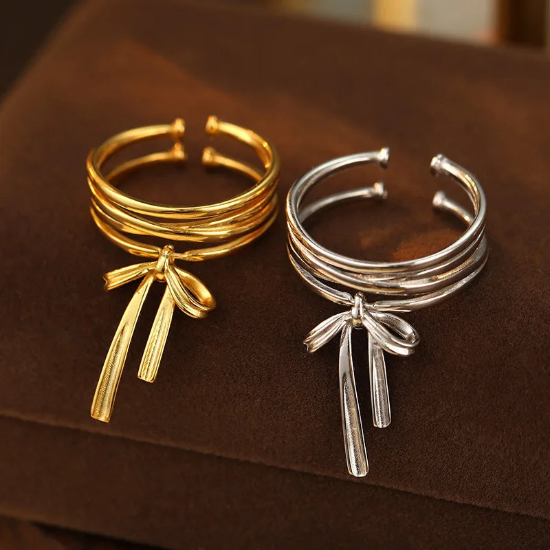 Korean Version Jewelry 925 Sterling Silver Irregular Bow Rings Geometry 3 Layer Gold Plated Women Adjustable Ring Jewelry