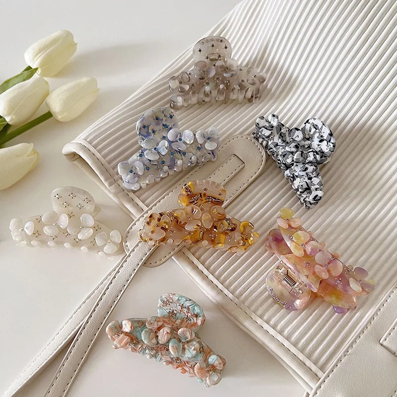 Fashion Elegant Women Summer Big 3D Engrave Floral Acetate Rhinestone Hair Claws Clip Flower Luxury Hair Claw for Thick Hair