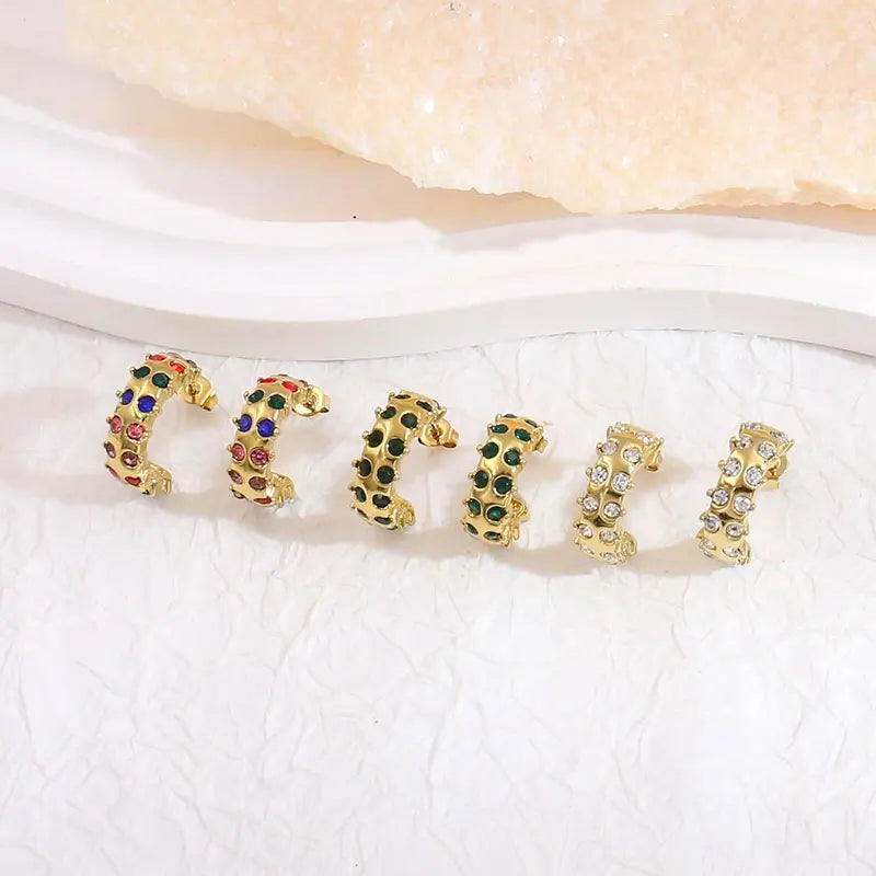 Luxury Trendy 18K Gold Plated Stainless Steel Colored Zircon Hoop Earrings Fashion C Shape Gemstone Waterproof Earrings for Gift
