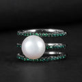 C5160 Abiding Jewelry 9mm White Fresh Water Pearl Green Side Stone Non Tarnish Rings Couple Silver Women's Engagement Ring
