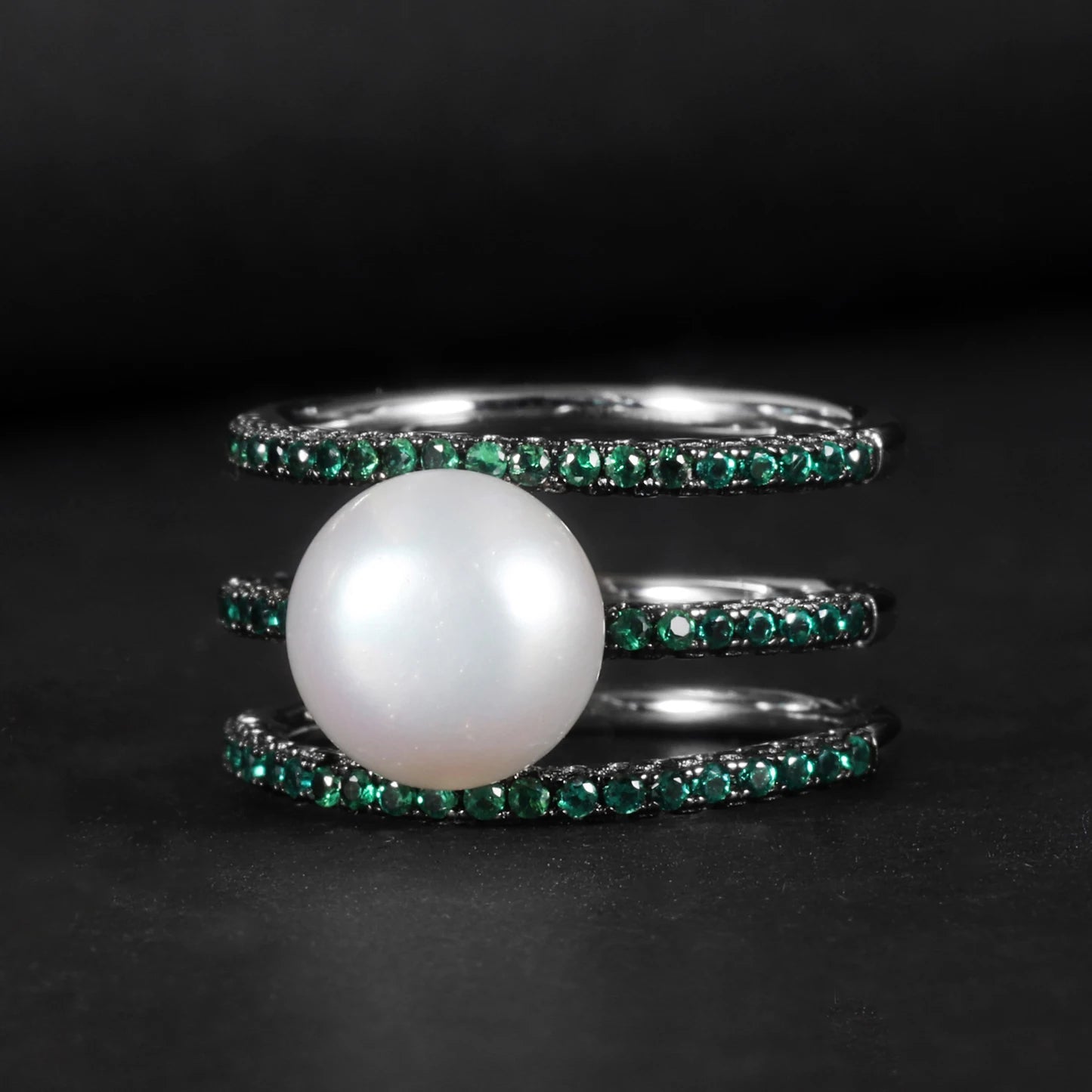 C5160 Abiding Jewelry 9mm White Fresh Water Pearl Green Side Stone Non Tarnish Rings Couple Silver Women's Engagement Ring