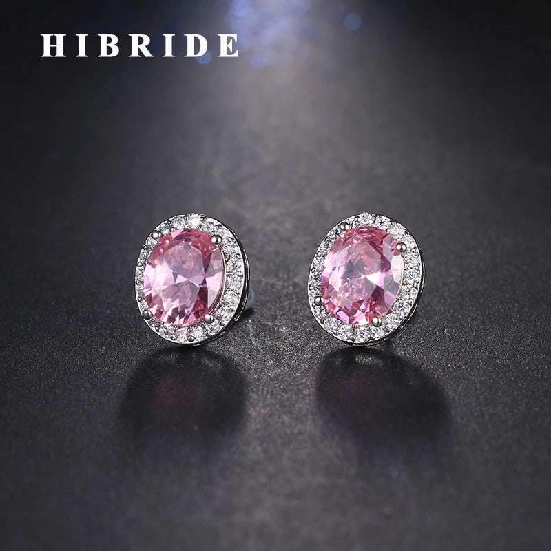 HIBRIDE Brincos 8 Colors Women Stud Earrings Pink Cubic Zircon Women Wedding Engagement Earring Fashion Jewelry E-403
