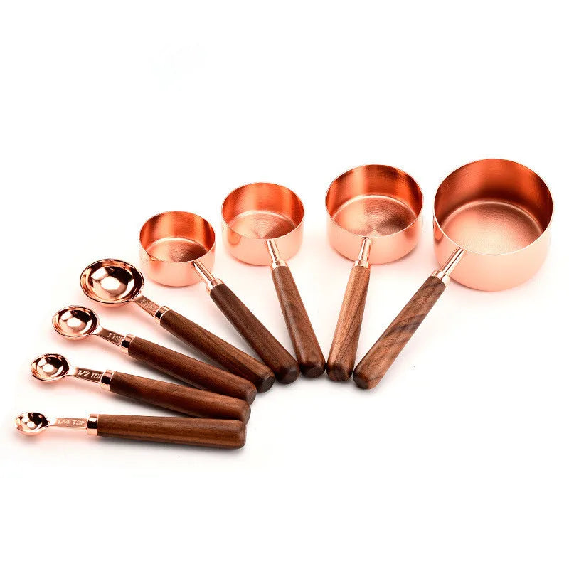 Wood Food Measuring Cups and Spoons Coffee Tea Golden Spoon Scoop Measuring Spoons Set with Wood Handle