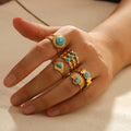 Summer Bohemian Tarnish Free Stainless Steel PVD 18K Gold Plated Oval Round Evil Eye Gemstone Inlaid Turquoise Ring for Women