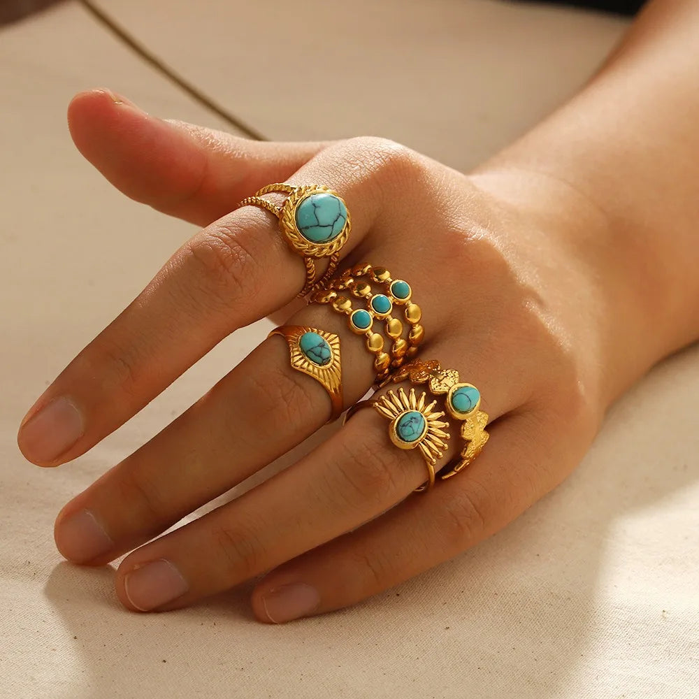 Summer Bohemian Tarnish Free Stainless Steel PVD 18K Gold Plated Oval Round Evil Eye Gemstone Inlaid Turquoise Ring for Women