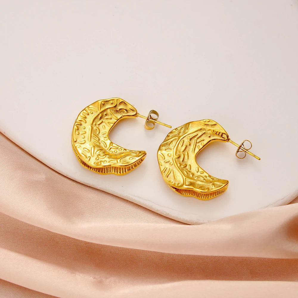 Moon Shape Earrings 18K Gold Plated Statement Stereoscopic Waterproof Stainless Steel Huggie Vintage Chunky Hoop Earring