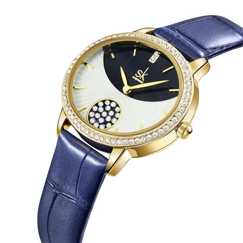 SHENGKE Luxury Oval Alloy Fashion Waterproof Quartz Watches for Stylish Women with Leather Strap