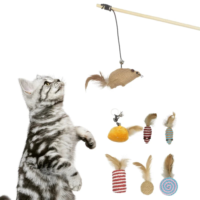 Hemp Rope Wooden Handle Interactive Electronic Cat Toy Simulation Bird Plush Rotating Fearher Stick Cat Toy