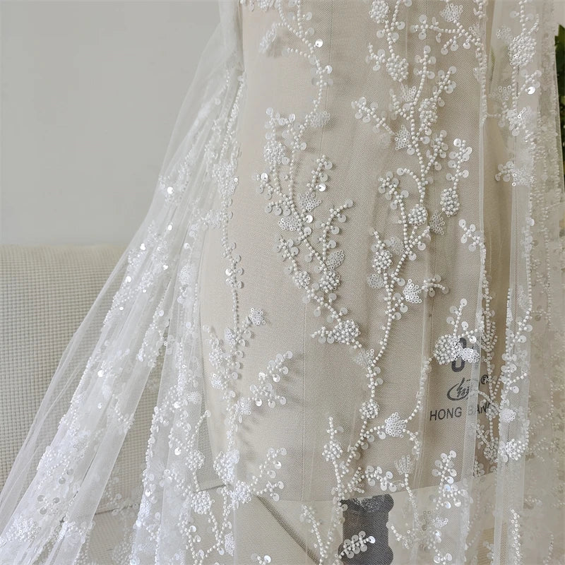 New 100% Polyester Mesh Beaded Sequins Branch Lace Fabric 3D Embroidered Luxury DIY Light Drape Dress