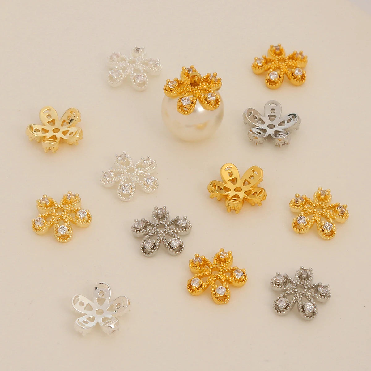 14K Gold Plated Brass Bead Cap DIY Necklace for Jewelry Making Hollow Micro Inlaid Zircon Bead Caps
