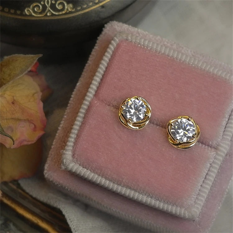 Real Gold Plated Pure Silver Minimalist CZ Women Rose Shaped Earrings