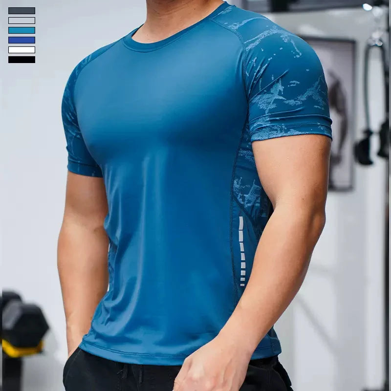 Summer Thin Running Gym Men Spandex Ice Silk Shirt Tees Elastic Fit Sports Training Fitness Quick Dry  T Shirt