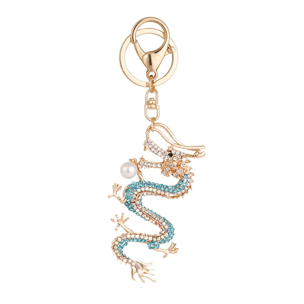 Vintage Crystal Rhinestone Dragon Keychain Women Pearl Zodiac Chinese Dragon Loong Pendant Keychain for Gift