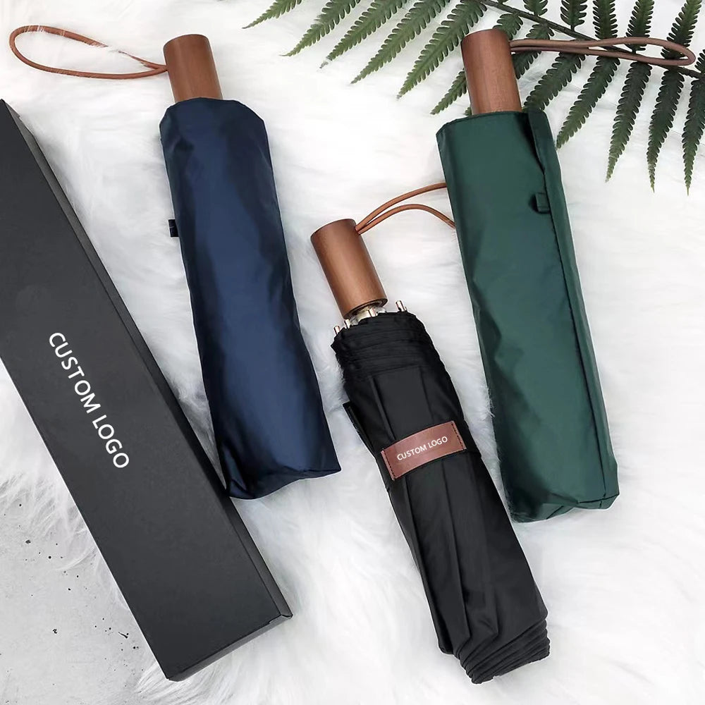 Custom Logo Printed 8-Ribs Golden Aluminum Frame Windproof 3-Folding Sun Rain Umbrella with Wood Handle for Travel