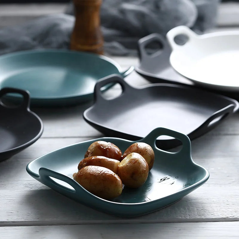 Creative Ceramic Binaural Baking Tray Nordic Tableware Baking Home Oven Special Dish Sub-net Red Ceramic Microwave Dish Plate