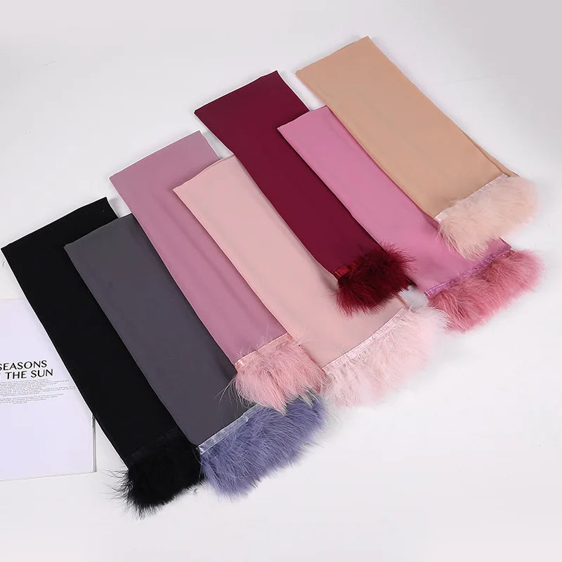 Arab Head Scarf Fancy Chiffon Plain Tassel Women Muslim Fashion Islamic Ladies Shawl Feather Hijab