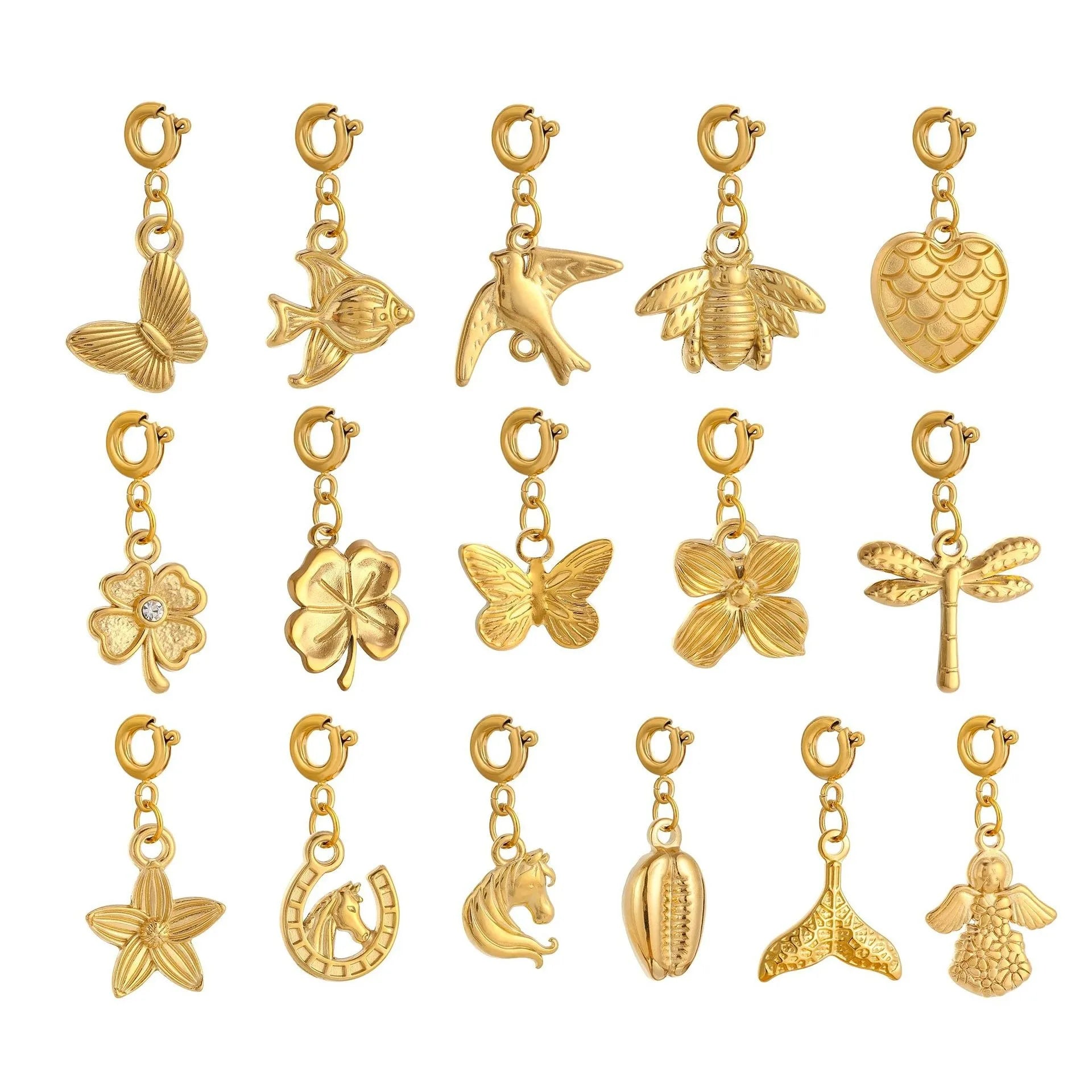 Waterproof Stainless Steel 18K Gold PVD Plated Sea Ocean Animal Insect Flower Butterfly Fish Bird Clover Horse Pendant for DIY