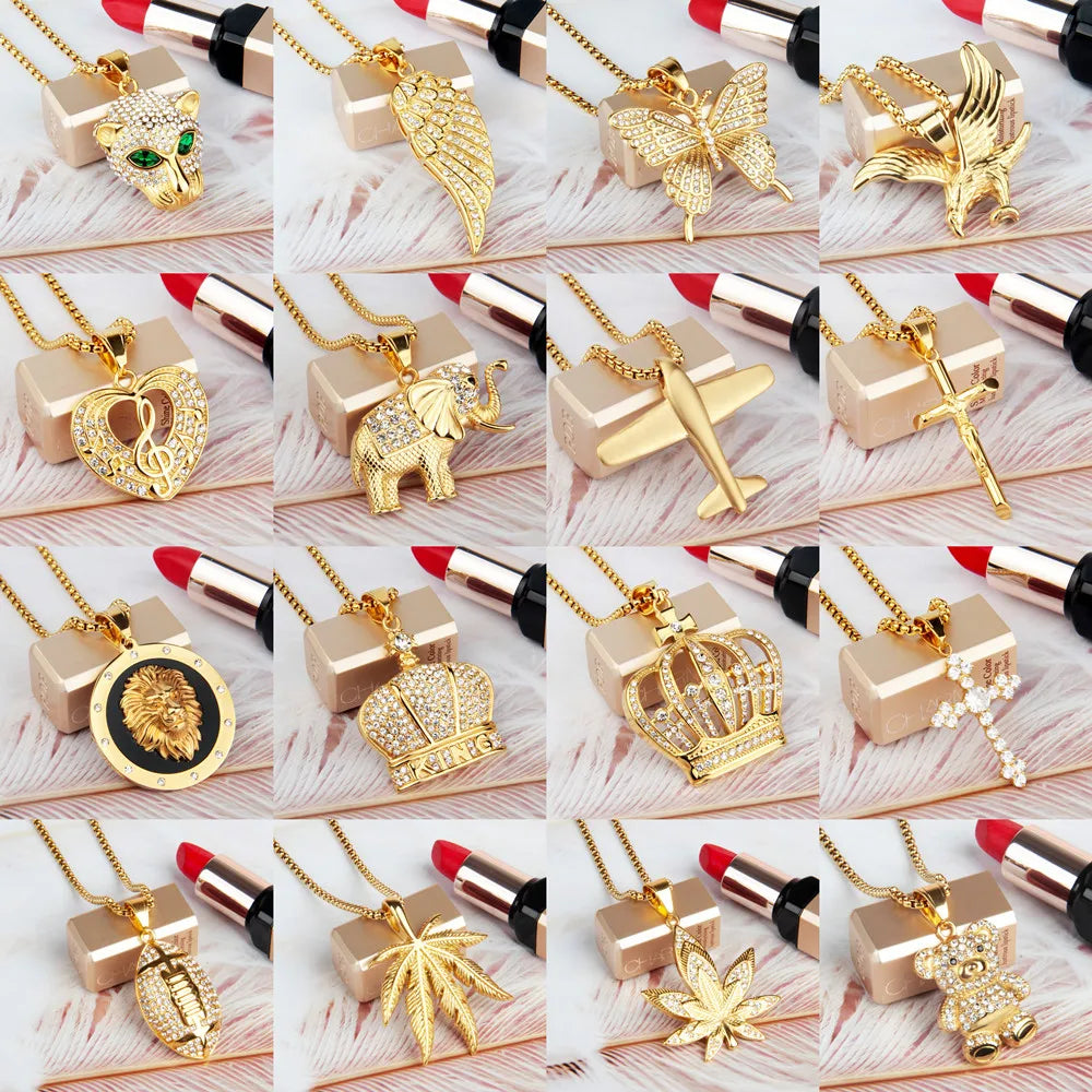 High Quality Titanium Steel Pendant Gold-Plated Diamond-Encrusted Multi-Pattern Stainless Steel Necklace Fashion Power Accessory