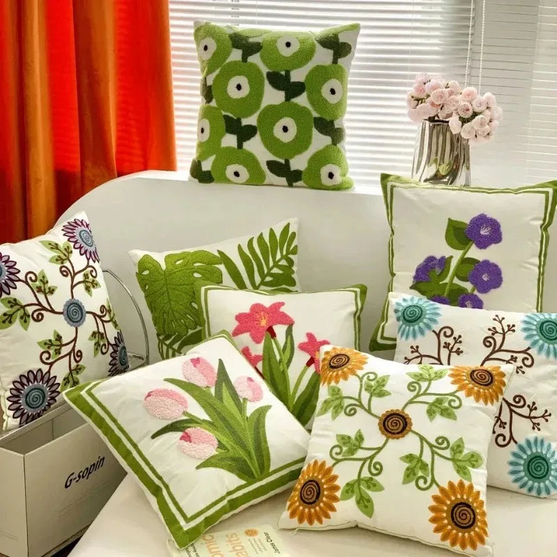 Modern Minimalist Green Botanical Garden Pillowcase Floral Tulip Embroidery Pillow Cover Living Room Sofa Decorative Pillowcase