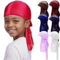 Custom Logo Low Kids Satin Durags Head Wrap Silk Durag Cap with Long Tail Wide Strap 360 Waves Cap for Toddler Boy Girls