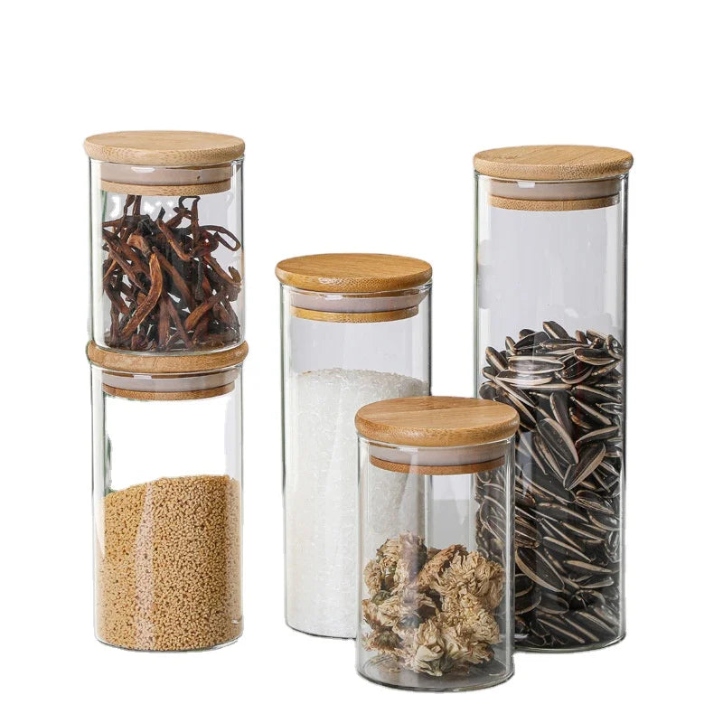 6.5*15cm/450ml Round Airtight Country Style Kitchen Glass Spice Container Storage Jars with Bamboo Lids