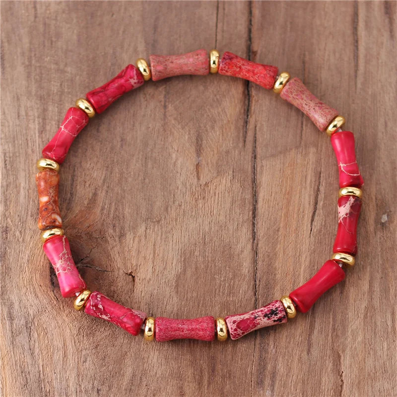 Bohemia Bamboo Natural Stone Tube Beads Adjustable Bracelet Boho Stretch Tibetan Gemstones Jasper Bracelets for Women Wholesale