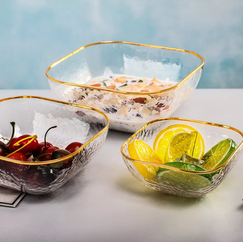 Wholesale Daily Use Kitchen Square and Round Dinnerware Clear Fruit Glass Bowl Set Salad Bowl Set Glass Bowls