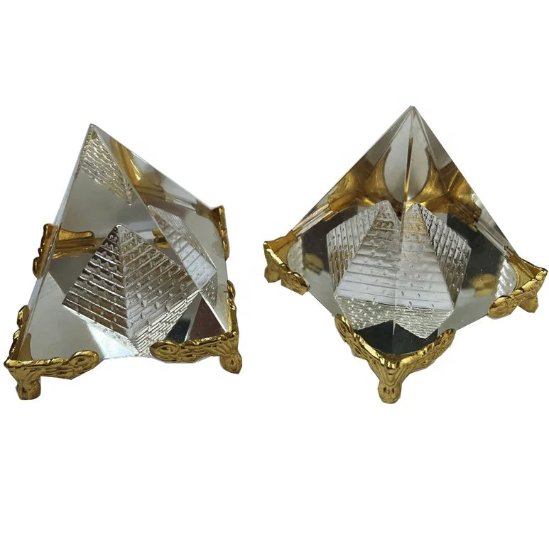 Energy Crystal Stone Pyramid Healing Transparent Glass Crystal Pyramid With Gold Stand Egyptian Figurines Miniatures Ornaments