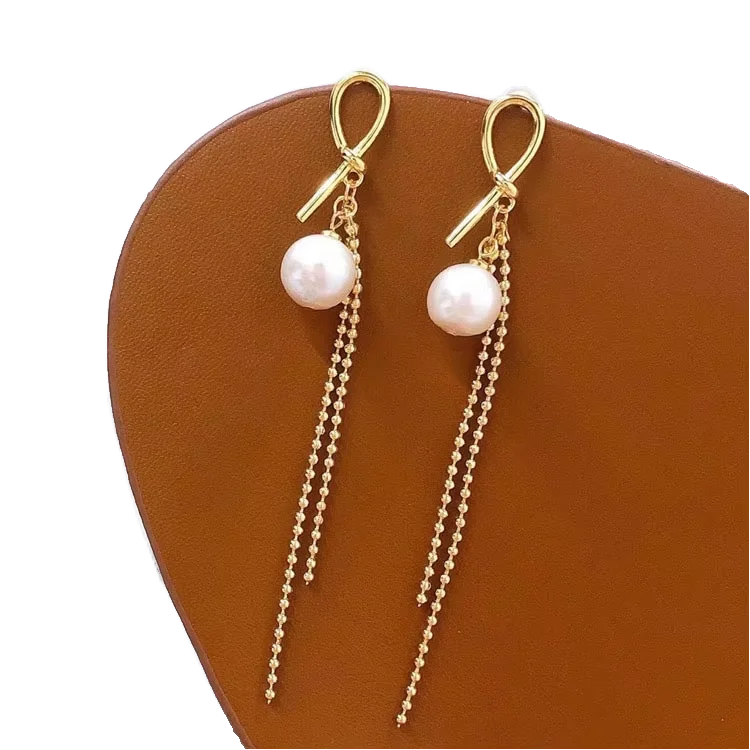 18K Gold Plated 925 Sterling Silver Knot Stud Earrings with Long Tassel Drop Pearls Elegant Stud Earrings for Women