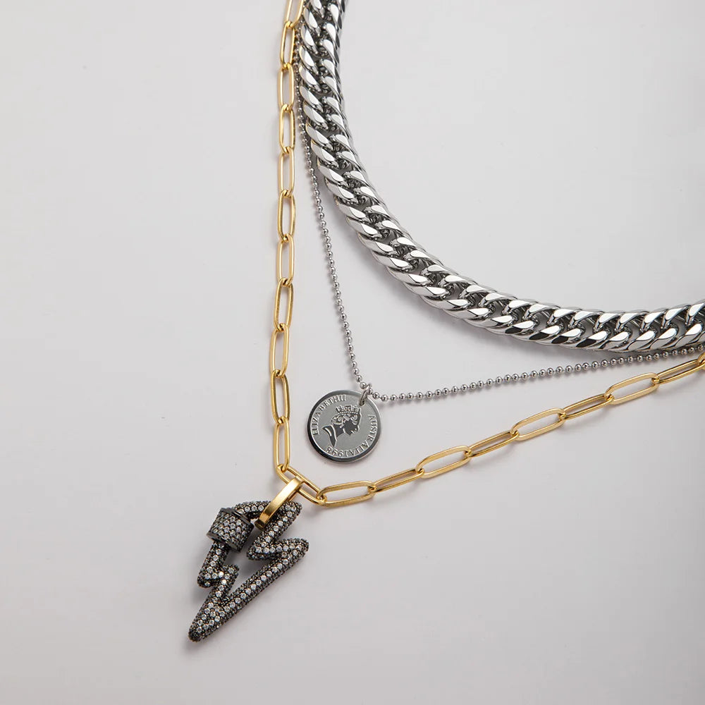 YF3620 Multi Layered Stainless Steel Cuban Chains Queen Pendant 18k Gold Plated Paper Clip Chain Lightning Charm Necklace