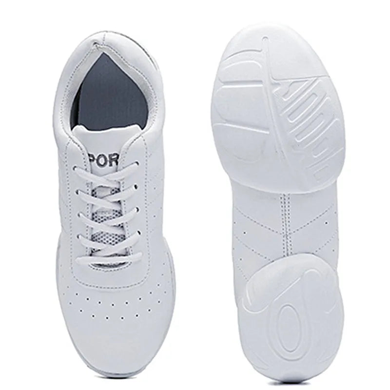Modern Leather Children's Dance Sneakers Competitive Latin Gymnastics Cheerleading Jazz Shoes in White & Black Line Dance Shoes