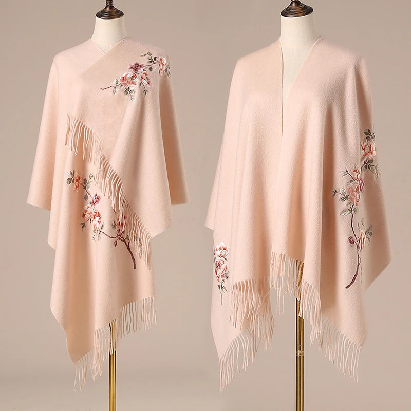 Embroider Flower Pashmina Winter Women Thicken Wool Scarf Warm Long Tassels Scarves Shawl Fashion Shawls Bufanda Mujer