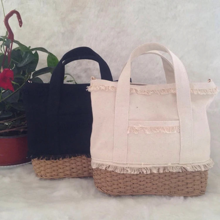 Wholesale Large Canvas Straw Hand Crocheted Beach Shopping Shoulder Bag Handbag Tote Bag with Removable Leather Handle
