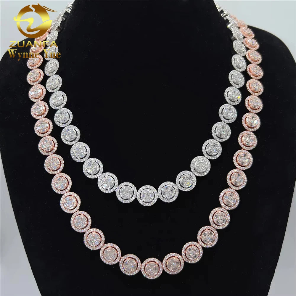 New Style 13mm Baguette Sunflower S925 Iced Out Moissanite Diamond Cuban Link Chain Tennis Chain