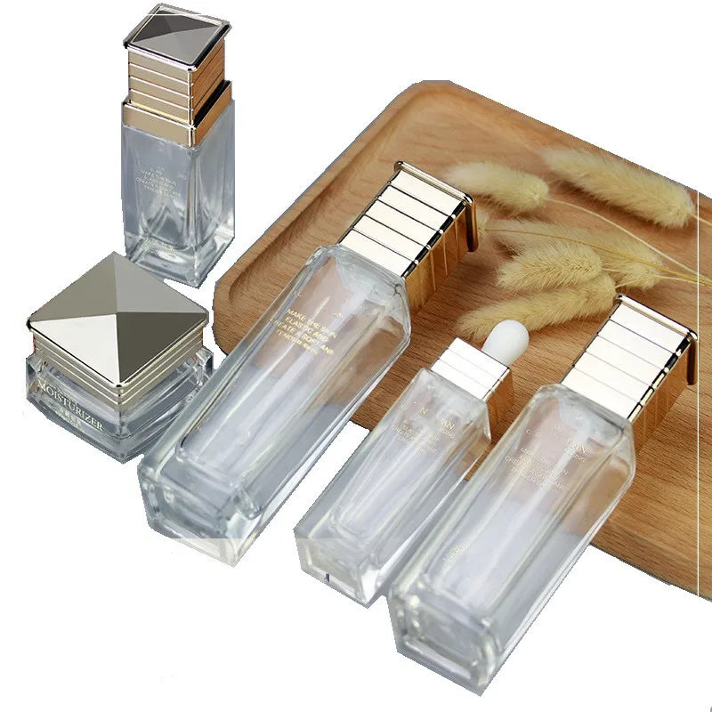 Custom logo 120ml 100ml 40ml 30ml 50g 30g clear square Glass Bottle and Jar with Gold Cap Essence Oil  Bottles with Good Price