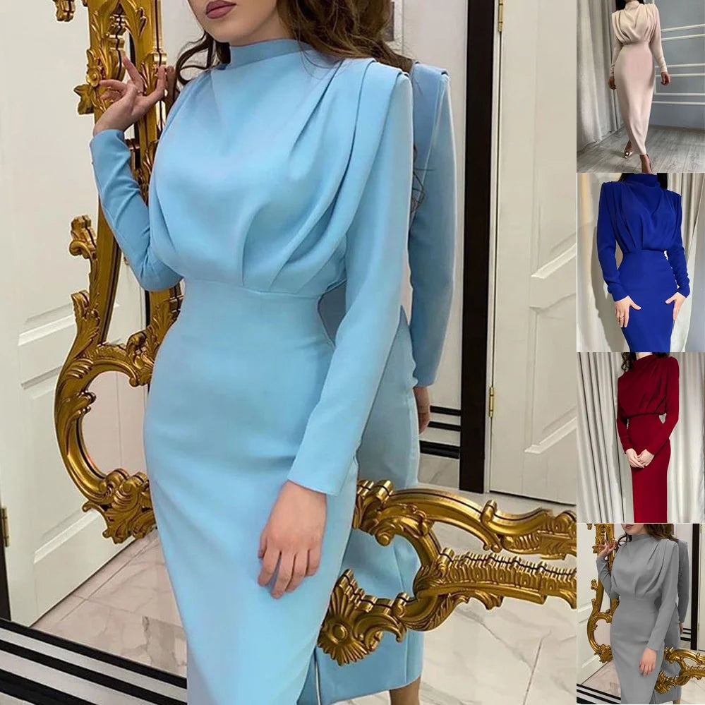 Liu Ming High Waist Women's Office Dress Round Neck Casual Style Solid Pattern Digital Printing Eco-Friendly for Autumn Season