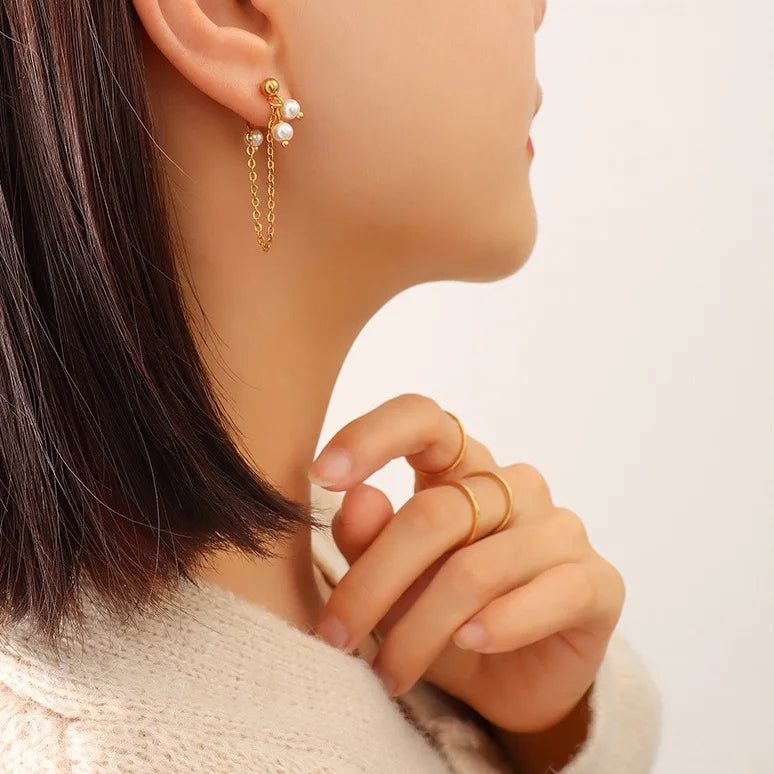 Korean pearl women long tassel stainless steel earrings 18k earings women