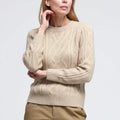 Classic Cable-Knit Merino Wool Crewneck Pullover for Women Long Knit Winter Sweater with Front Logo Spring Print Top for Ladies