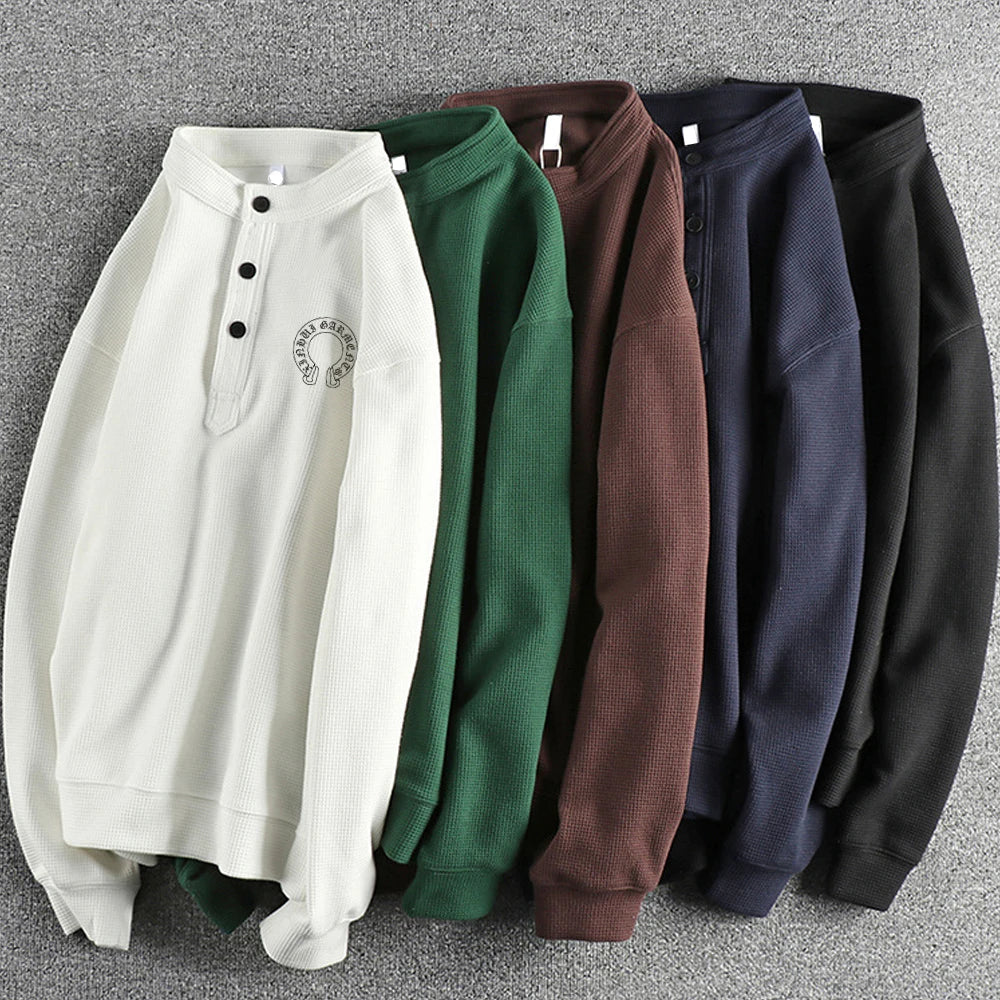 Factory Waffle Knit T-Shirt Buttons Long Sleeve Men Thermal Sustainable 260 Grams 100% Cotton Embroidered Regular Fit