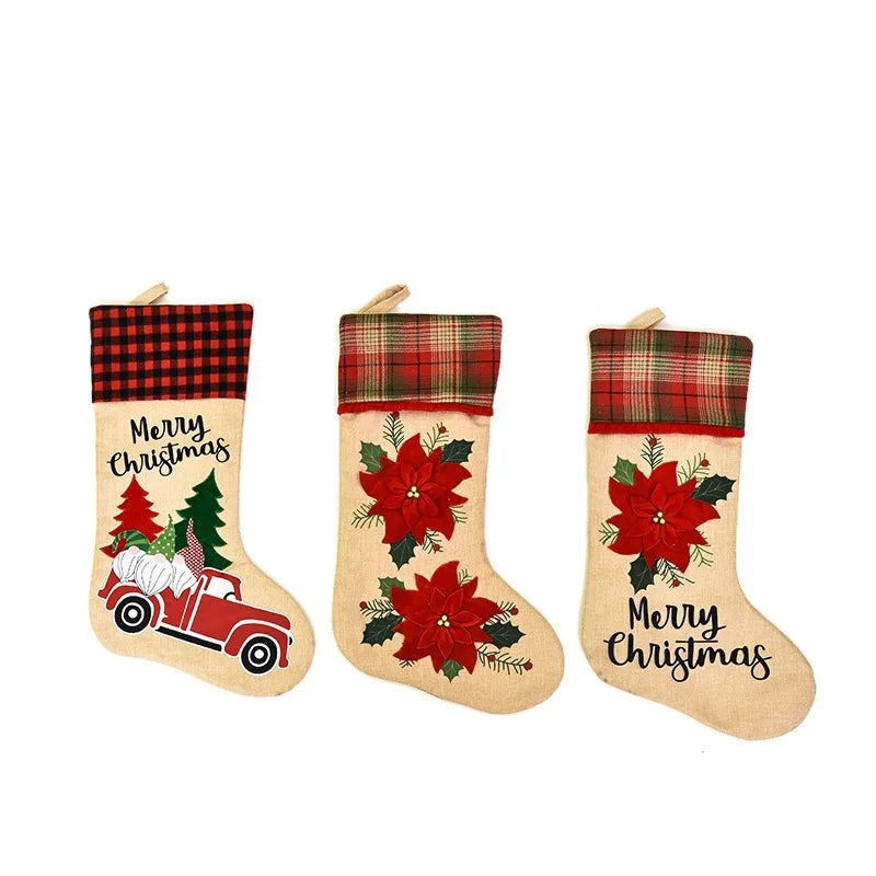 XIANGHUI New Christmas Decoration Linen Machine Embroidered Red Flower Creative Cartoon Car Old Man Christmas Stocking Socks